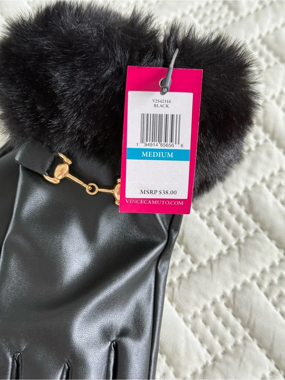 Vince Camuto Black Leather Gloves with Faux Fur Cuff and Gold Accent